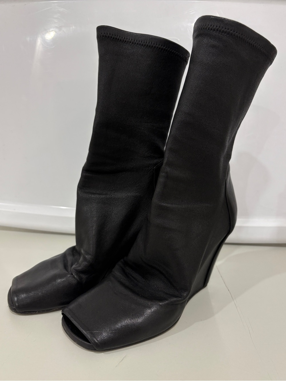 Rick Owens Black Open Toe Sock Wedge Boots